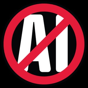 May include: A graphic with the text "AI" inside a red circle with a red diagonal line through it, set against a black background. The letters are white.