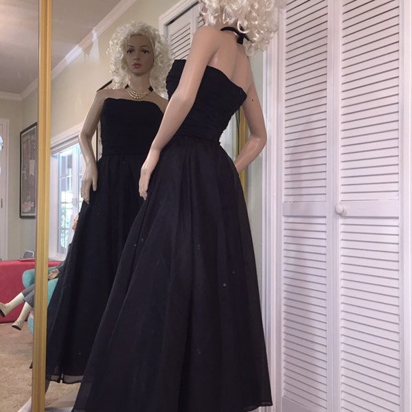 Strapless Black Formal With Ruching and Sequins Tea Length Homemade