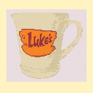 Può includere: Un motivo a punto croce di una tazza da caffè color crema con un emblema circolare arancione che riporta il testo Luke's in lettere rosso scuro. Il design è reso in uno stile pixelato su uno sfondo a griglia viola chiaro con bordo giallo.