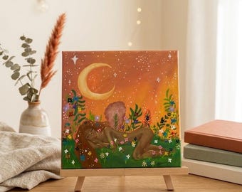 The Dreaming Goddess, 12 x 12 vierkante boho-kunst aan de muur met wilde bloemen, aards handgeschilderd canvas