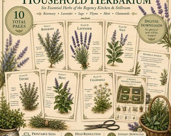Regency Household Herbarium – 6 Printable Botanical Herb Prints | Vintage Herb Illustrations | Regency Kitchen Garden | Digital Download