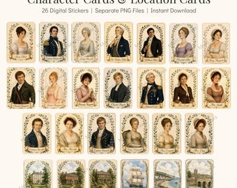 Jane Austen's Persuasion Character & Location Cards | 26 Digital Stickers | PNG Files | (Instant Digital Download)