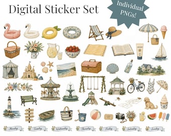 Regency Summer Digital Sticker Set | Beach, Picnic, Ice Cream PNGs (Digital Download)