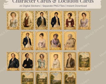 Jane Austen's Emma Character and Location Cards | 20 Digital PNG Stickers (Instant Download)