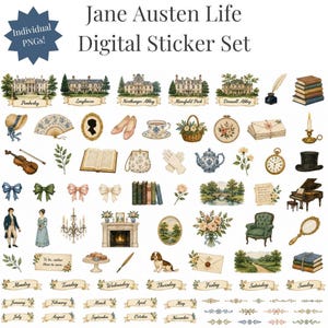 Può includere: Un set di adesivi digitali con illustrazioni a tema Jane Austen che includono tenute storiche, una penna d'oca, libri, un violino, set da tè, composizioni floreali, un camino, un pianoforte, uno spaniel ed etichette per giorni e mesi.