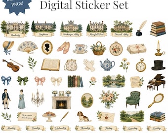 Jane Austen Life Digital Stickers, Regency, Vintage, Tea, Individual PNGs (Digital Download)