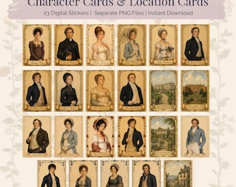 Jane Austen's Mansfield Park Character and Location Cards | 23 Digital PNG Stickers (Instant Download)