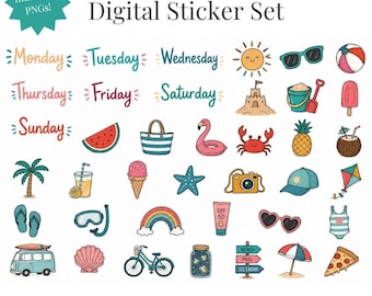 Cheerful Summer Digital Stickers | Bright, Happy Summer Days, Planner PNGs (Digital Download)