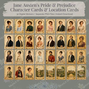 May include: A collection of 32 digital stickers featuring Jane Austen's Pride & Prejudice character cards and location cards. Each rectangular card displays a vintage-style illustration of a person or a building framed by a decorative botanical border.