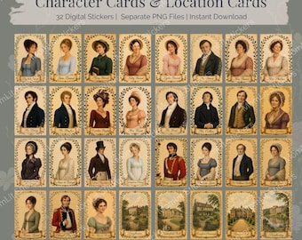 Pride and Prejudice Character and Location Cards | 32 Digital PNG Stickers (Instant Download)