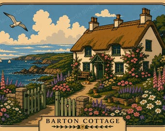 Barton Cottage | Jane Austen Inspired Digital Art Print | Sense and Sensibility Wall Art | Cottagecore Coastal Decor | Instant Download PNG