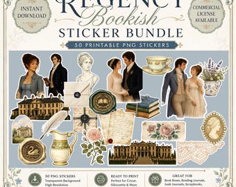 50 Regency Bookish Sticker PNG Bundle | Printable Digital Stickers | Reading Journal, Book Box, Junk Journal, Happy Mail Clipart