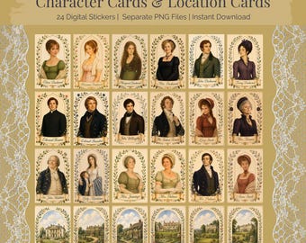 Jane Austen's Sense and Sensibility Character & Location Cards | 24 Digital Stickers | PNG Files | (Instant Digital Download)
