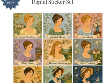 Vintage-style illustrated portraits of Jane Austen heroines - Digital Stickers, Regency  Individual PNGs (Digital Download)