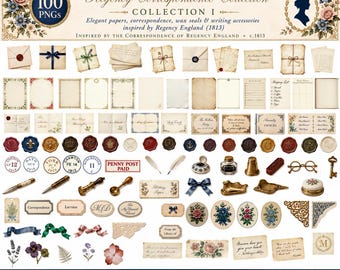 The Lady's Writing Desk – 100 Printable PNG Clipart Elements | Jane Austen Inspired | Regency | Junk Journal | Commercial License Available