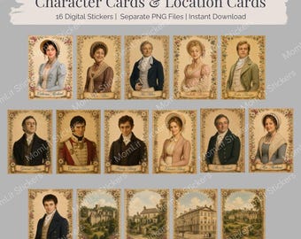 Jane Austen's Northanger Abbey Character and Location Cards | 16 Digital PNG Stickers (Instant Download)