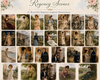 Jane Austen Regency Scenes | 25 Watercolor PNG Clipart | Digital Download | Printable Stickers | Journaling | Scrapbooking | Book Lovers