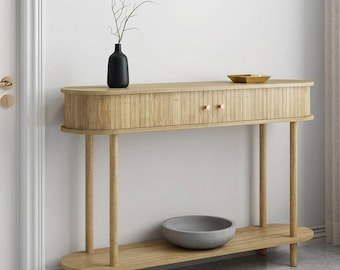 Modern Fluted Console Table, Tambour Door Entryway Storage Cabinet, Natural Wood Finish