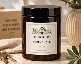 Personalised New Home Candle, Our First Home Housewarming Gift, Custom Names and Year, Autumn Spice Soy Wax