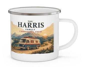 Personalised Campervan Crew Enamel Mug, Custom Family Camping Gift, 12oz