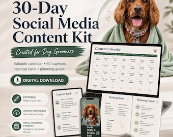 Dog Groomer Social Media Content Calendar | 30-Day Planner, 60 Captions (Digital Download)