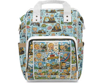 Construction Comic Diaper Backpack, White Nylon Parent Travel Bag