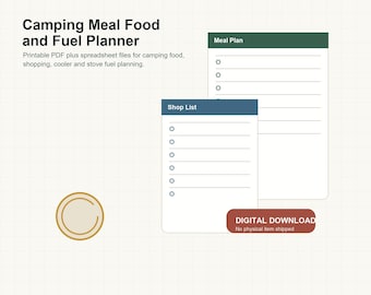 Camping Meal Planner Food and Fuel Checklist Printable Trip Menu System