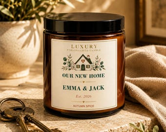 Luxury Personalised New Home Candle, My or Our New Home Gift, Custom Names & Year, Autumn Spice Housewarming Present