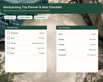 Backpacking Planner Gear Checklist Digital Download Printable