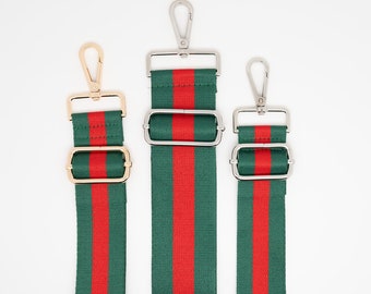 Red + Green Stripe (gold hardware) adjustable and interchangeable strap for crossbody bags, totes, or purses. Multiple patterns, and colors