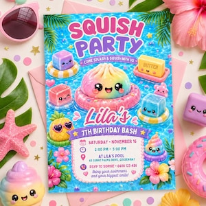 May include: A rectangular party invitation featuring a blue swimming pool background with cartoon characters including a rainbow dumpling, a pineapple, and cubes. Text reads SQUISH PARTY, Lila's 7th Birthday Bash, Saturday November 16, 2:00 PM - 5:00 PM.