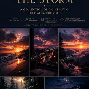Op de afbeelding: Een digitale collectie getiteld AFTER THE STORM met vijf filmische achtergronden. De afbeeldingen tonen zonsondergangen op het strand, regenachtige uitzichten, berglandschappen, bospaden en maanverlichte steigers met de tekst FluorescentDreamsCo.