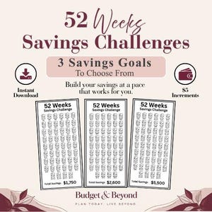 May include: A 52 Weeks Savings Challenges chart featuring three distinct savings goals with total savings of $1,750, $2,600, and $5,500. The design includes icons for instant download and $5 increments, with text reading Budget & Beyond.