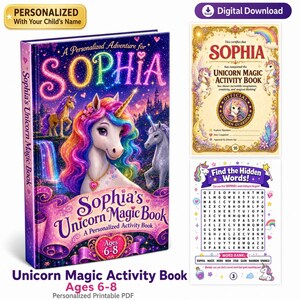May include: A personalised activity book titled Sophia's Unicorn Magic Book featuring a colourful unicorn with a rainbow mane on the cover. Includes a certificate of completion for Sophia and a word search puzzle page with a unicorn theme.