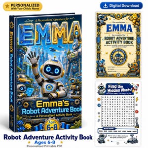 Könnte beinhalten: Ein personalisiertes Roboter-Abenteuer-Aktivitätsbuch für Kinder im Alter von 6-8 Jahren, mit einem blau-goldenen Einband, einem Roboter-Motiv, einem Abschlusszertifikat und einer Wortsuchrätsel-Seite mit Roboter-Illustrationen.