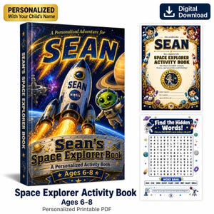 Könnte beinhalten: Ein personalisiertes Weltraum-Aktivitätsbuch mit dem Titel Sean's Space Explorer Book für 6- bis 8-Jährige. Das Cover zeigt eine Rakete, einen grünen Außerirdischen und den Namen Sean. Enthält ein Zertifikat und eine Wortsuchrätselseite.