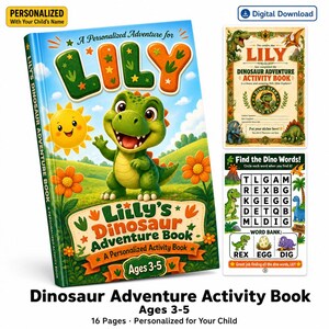 Puede incluir: Un libro de actividades de aventuras de dinosaurios personalizado para niños de 3 a 5 años con un dinosaurio verde en la portada con el nombre Lily. Incluye un certificado de finalización y una página de sopa de letras con ilustraciones.