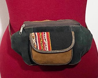 Vintage Y2K Boho Suede Leather Belt Bag Fanny Pack Woven Textile 90s Festival-Fits Smartphone