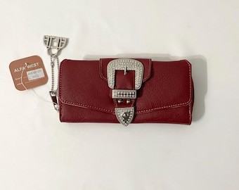 NOS Alfa West Red Faux Pebbled Leather Checkbook Bifold Wallet Rhinestones Western Buckle