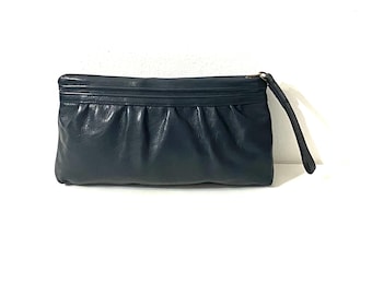 Navy Blue Clutch Purse Wristlet Fits Phone Faux Leather Pleated Bag Gold Zipper Evening Wedding Y2K