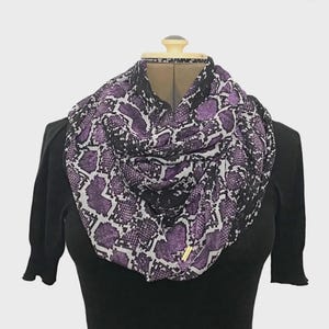 Y2K Calvin Klein Purple Snakeskin Infinity Scarf | Vintage 2000s Animal Print Shawl Wrap | Designer Gold Logo Tag | McBling Mob Wife