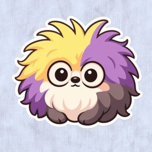 May include: A sticker featuring a round, fluffy creature with large black eyes and a small nose. The fur is coloured in sections of bright yellow, light purple, white, and dark grey, arranged in a spiky, shaggy pattern around its face.