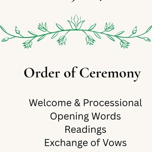Peut inclure: Une carte de programme de mariage verticale sur fond crème avec les noms Sarah & James, la date 28.09.2024 et un motif de vigne florale verte. Le texte indique l'ordre de la cérémonie : Welcome & Processional, Opening Words, Readings, Exchange of Vows, Exchange of Rings, Pronouncement et Recessional.