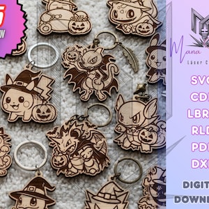 May include: A collection of laser-cut wooden keychains featuring various cartoon characters wearing witch hats and holding jack-o'-lanterns. The set includes 35 designs with metal rings, presented as a digital download pack with SVG, CDR, LBRN, RLD, PDF, and DXF file formats.