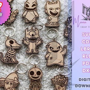 May include: A collection of 22 laser-cut wooden keychains featuring various character designs from The Nightmare Before Christmas, including skeletons, monsters, and ghosts, each attached to a silver metal keyring for a digital download pack.