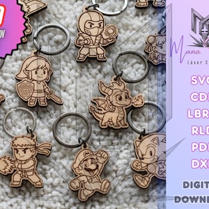 Pacote de chaveiros de personagens de videogame | 20 designs fofos | svg dxf cdr pdf lbrn rld | Arquivos para corte a laser