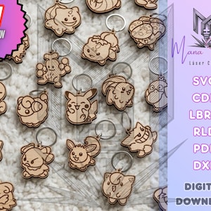 Könnte beinhalten: Eine Sammlung von 51 Holzschlüsselanhängern mit verschiedenen Cartoon-Kreaturen-Designs, jeweils an einem silbernen Metallring befestigt. Das Bild enthält den Text 51 KEYCHAIN PACK, Mana Studio Laser Cut Desing, SVG, CDR, LBRN, RLD, PDF, DXF und DIGITAL DOWNLOAD.