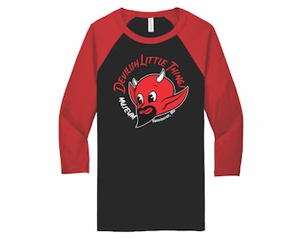 Black and Red Raglan T-shirt with our awesome "Devilish Little Things Museum" logo