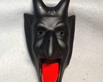 black DEVIL / KRAMPUS ceramic bisque wall hanging with red tongue