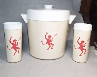 vintage DEVIL ice bucket and 2 matching cups, plastic with amazing devil logo
